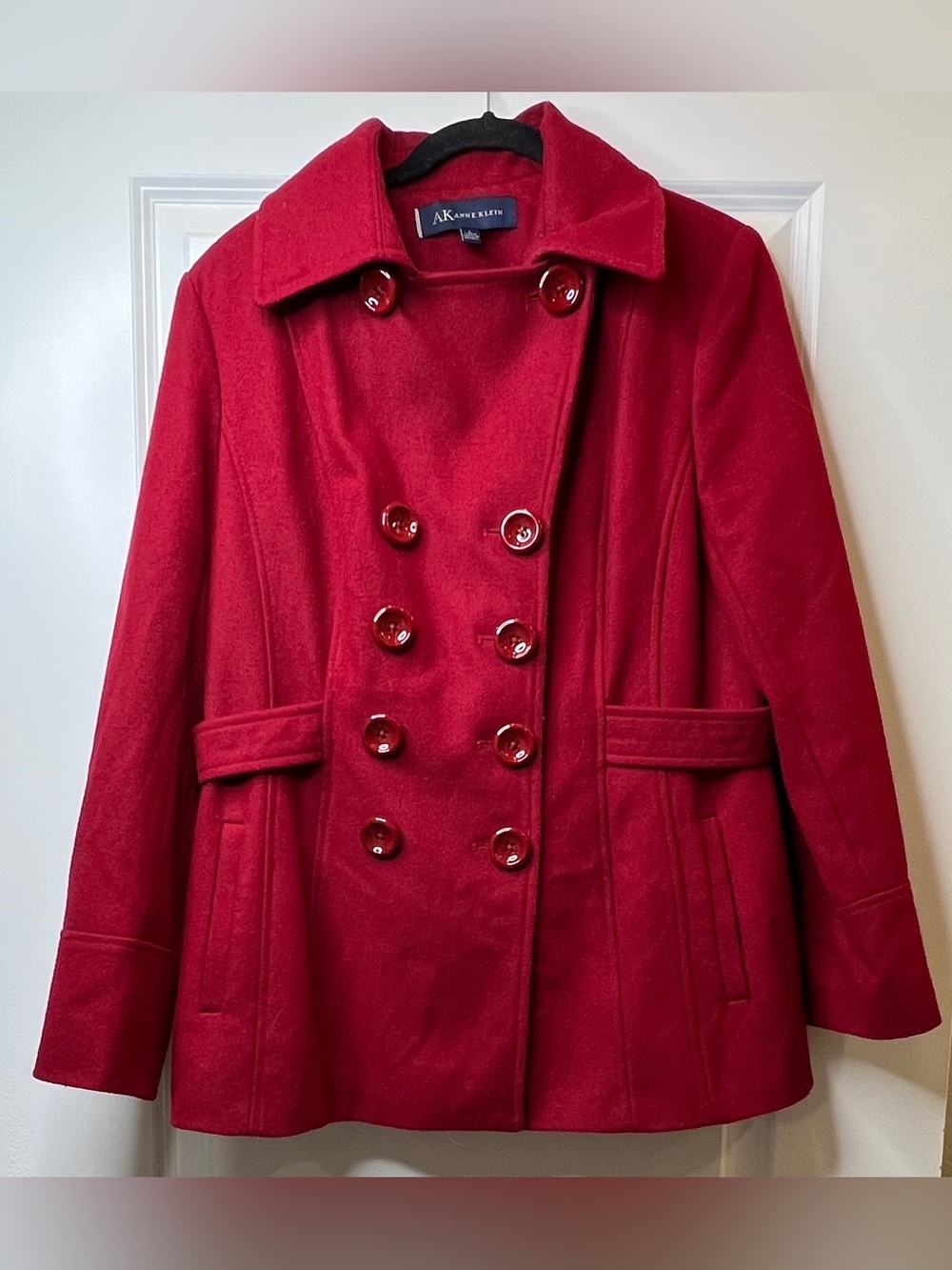 Anne Klein Classic Red Wool Blend Double Breasted Peacoat Jacket Size Large